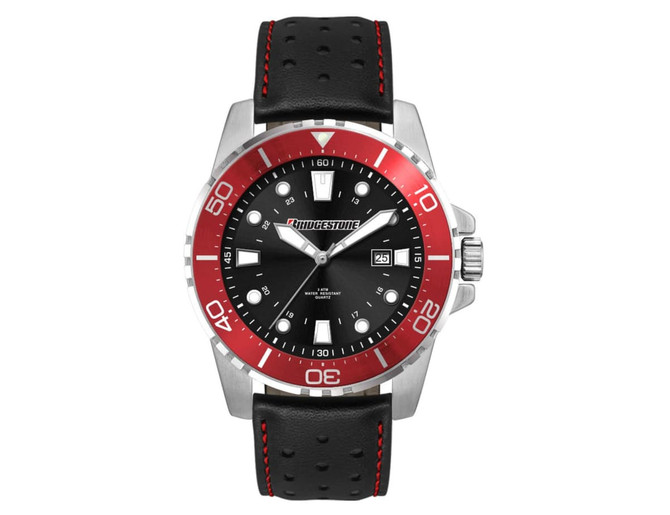 A sports watch with a black face, red bezel, and a black leather strap featuring red stitching. Includes a logo.