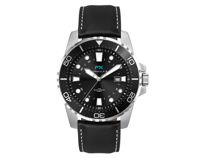 A sports watch featuring a black leather strap and a stainless steel case with a black dial and white details.