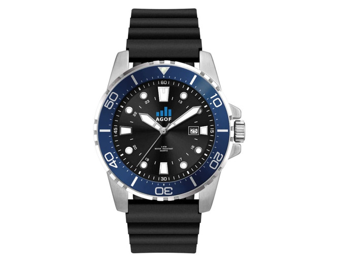 A sports watch featuring a black silicone strap and a black dial with blue accents, complete with a branding logo.
