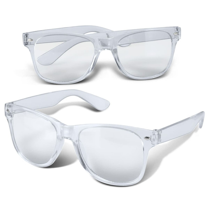 Clear blue light glasses with a stylish frame, featuring a logo on one side. Suitable for leisure and outdoor activities.