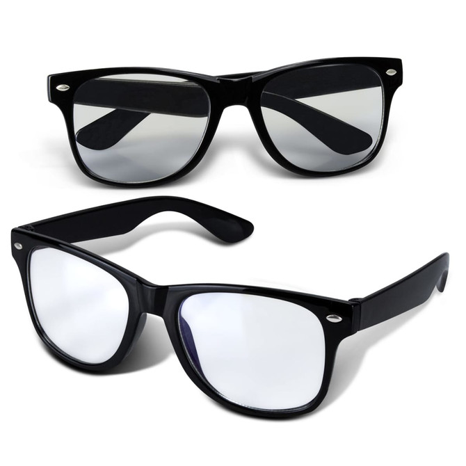 Two pairs of black Malibu blue light glasses with reflective lenses on a white background. Each pair features a logo.