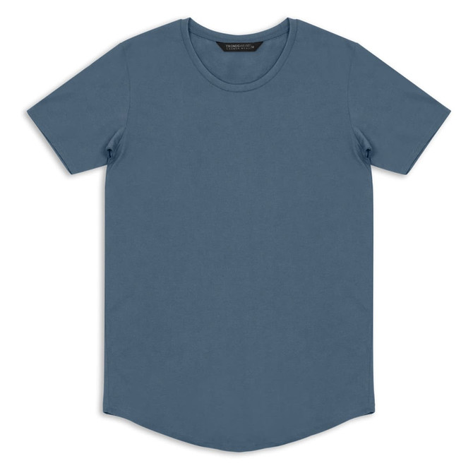 A blue men's T-shirt with short sleeves and a rounded neckline, featuring a logo.