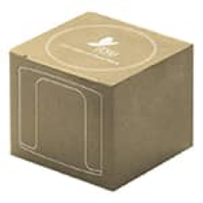 A brown square box with rounded edges and a circular label on top. It includes a logo and has a minimalistic design.