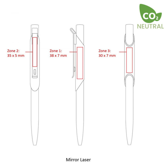 A metal pen design outlined in three views, featuring multiple branding zones and a logo in the corner.