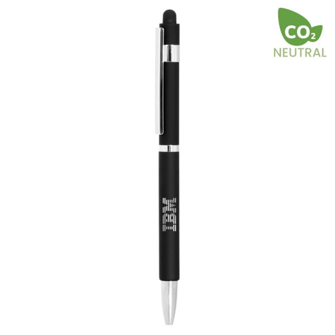 A black metal pen with a silver clip and tip, featuring a logo on the barrel.