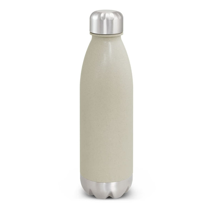 A drink bottle in a natural beige colour with a metallic silver cap and base, featuring a logo.