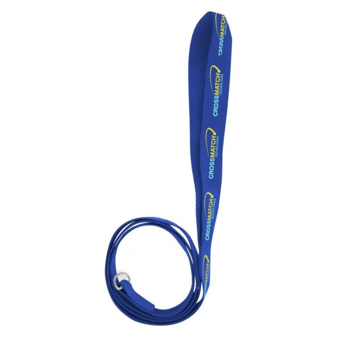 A blue dog leash, 1.1 metres long and 19mm wide, featuring a logo along its length.