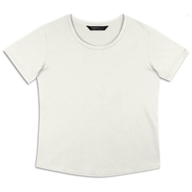 A white women's T-shirt with a round neckline and short sleeves, featuring a logo on the label.