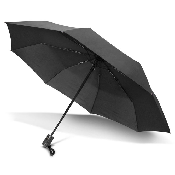 A black umbrella featuring a sleek design and a logo on the handle.