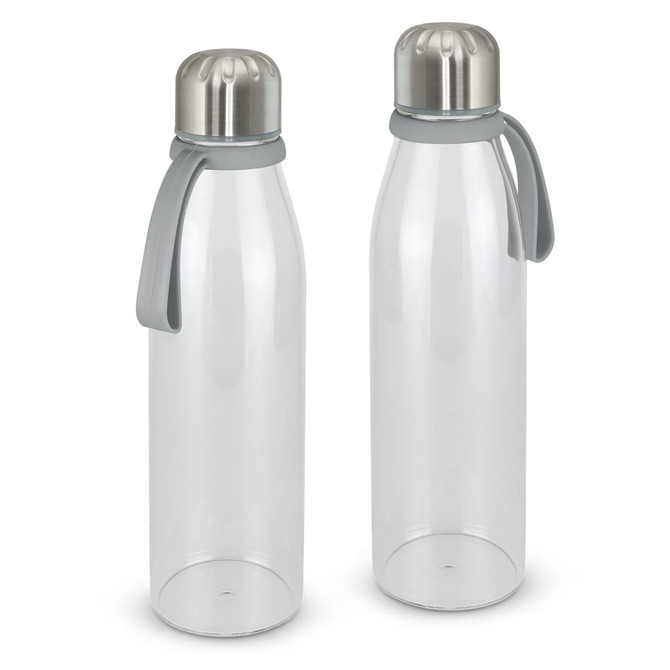 A drink bottle with a transparent body, stainless steel top, and a grey silicone strap. It features a logo on the cap.