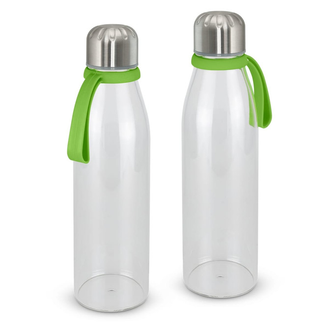 A drink bottle with a clear body, silver cap, and green silicone strap, featuring a logo on the design.