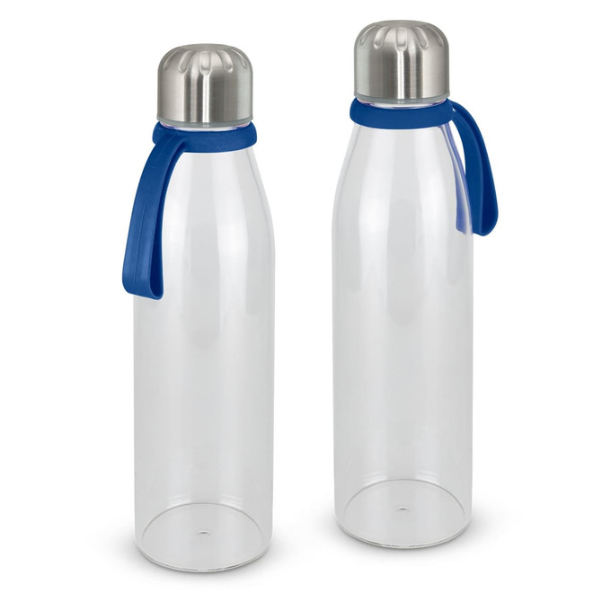 A drink bottle set featuring clear glass bottles with silver caps and blue silicone straps. Each bottle is sleek and modern.