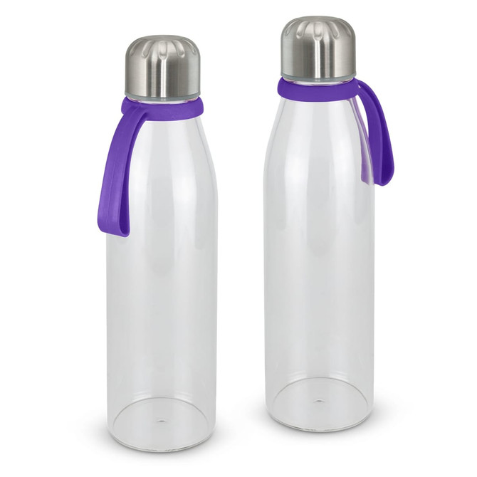 A drink bottle with a clear body and metal cap, featuring a purple silicone strap. It has a logo on the body.
