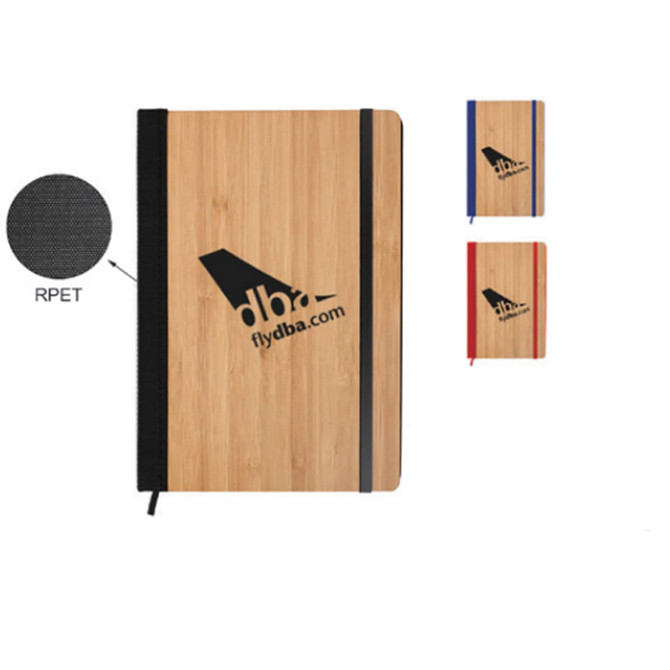 A5 RPET notebook with a wooden finish and elastic closure, available in blue, red, and orange options, featuring a logo.