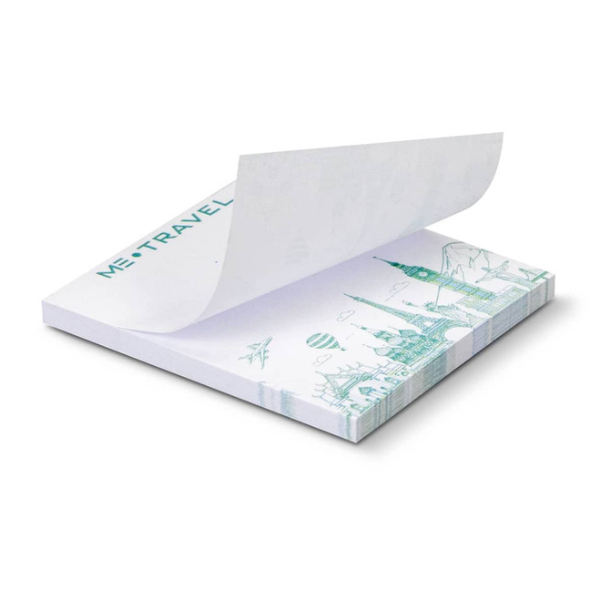 A sticky pad with 50 sheets, featuring a white cover with a light design, and a branding logo on the top.
