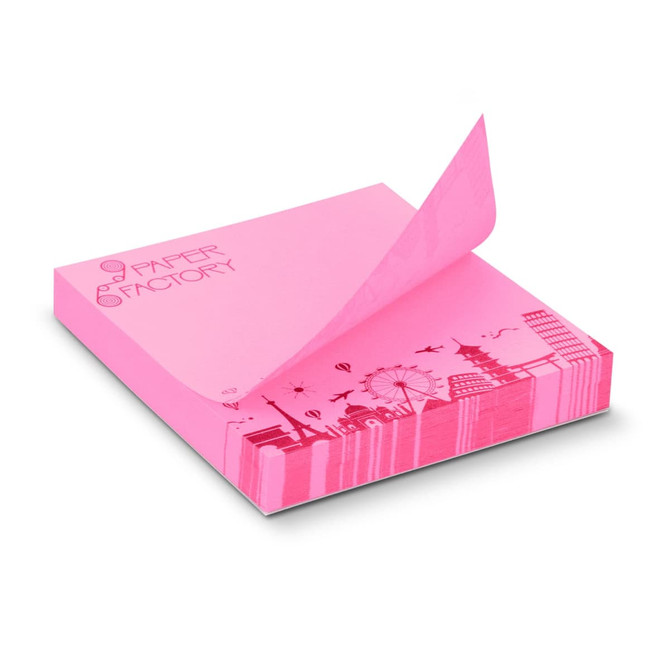 A stack of bright pink sticky pads, featuring a design on the bottom edge and a few sheets being pulled away.