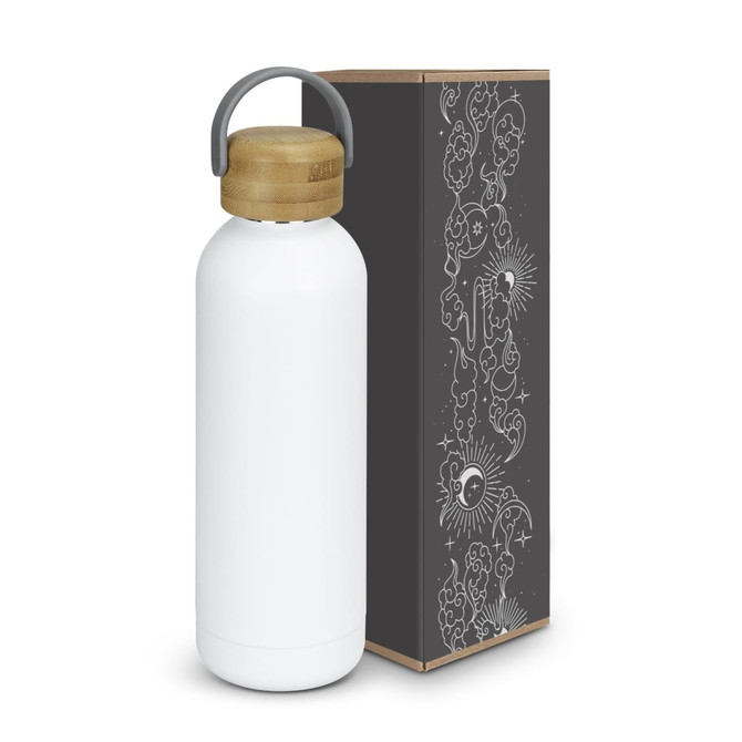 A drink bottle in white with a bamboo lid, placed beside a decorative box featuring intricate designs.
