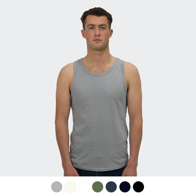 A men's grey tank top with a round neckline, featuring a logo and displayed on a model. Available in multiple colours.