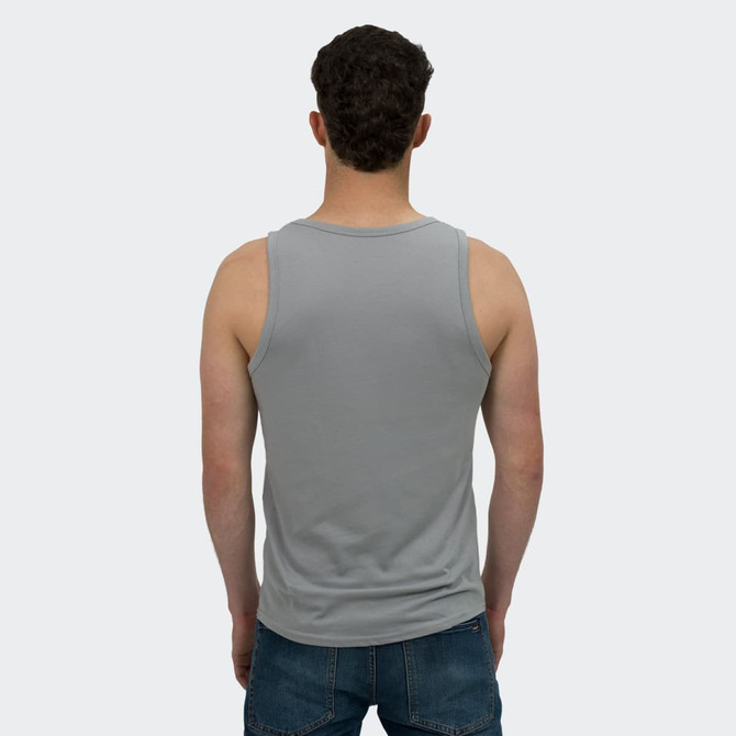 A grey men's tank top viewed from the back, featuring a fitted design and a logo on the garment.