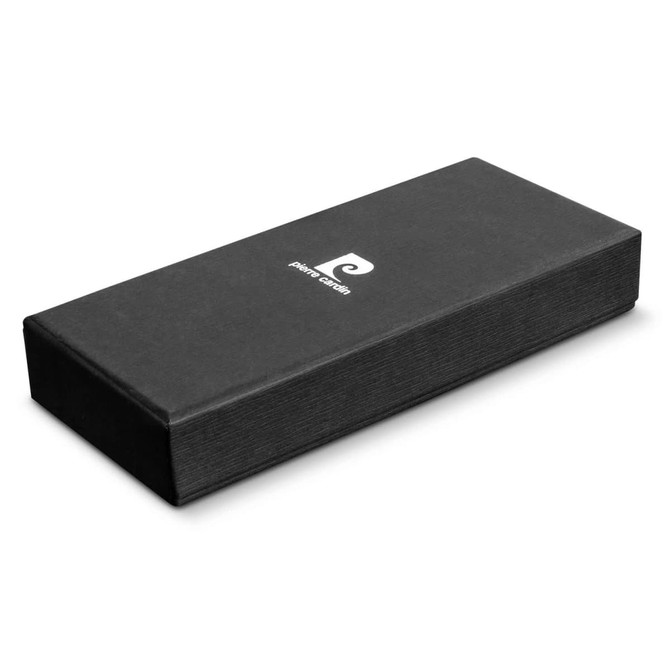 A black rectangular gift box featuring a logo, designed for the Pierre Cardin Belfort Key Ring.