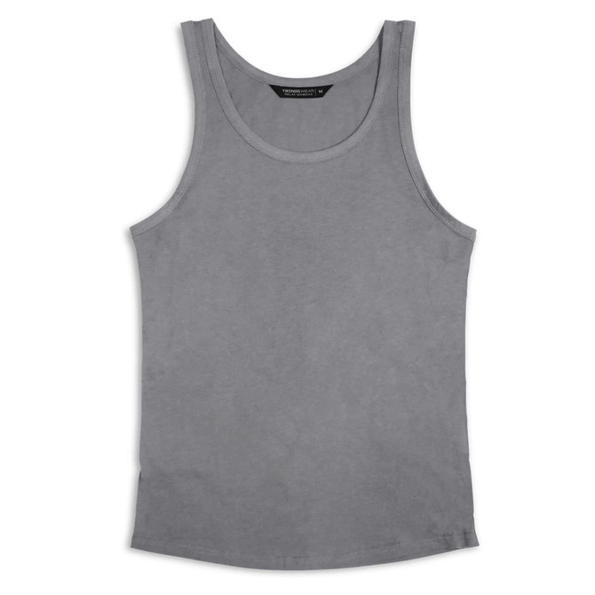 A grey women's tank top with a classic singlet design and a logo at the neckline.