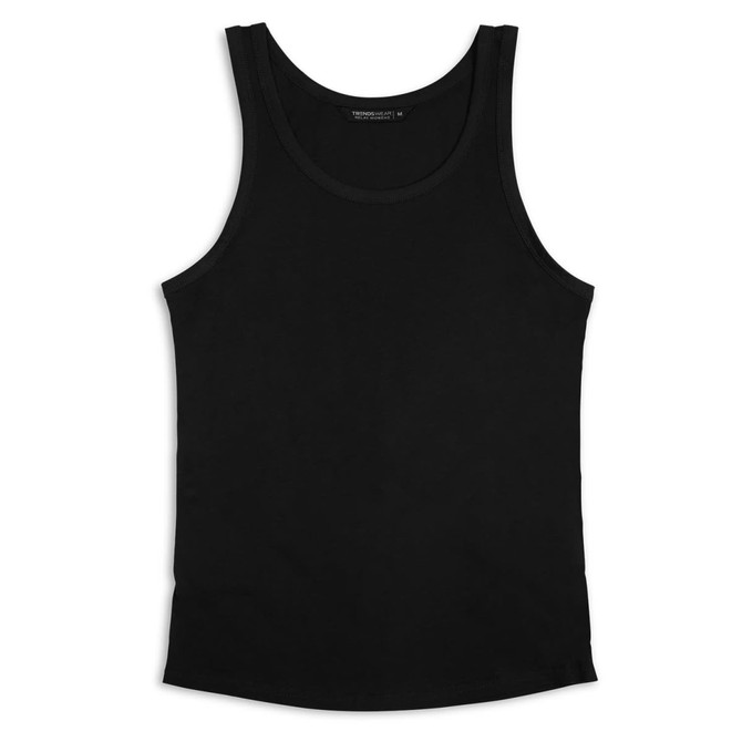 A black women's tank top with a fitted design and a branding logo. Classic style suitable for casual wear.