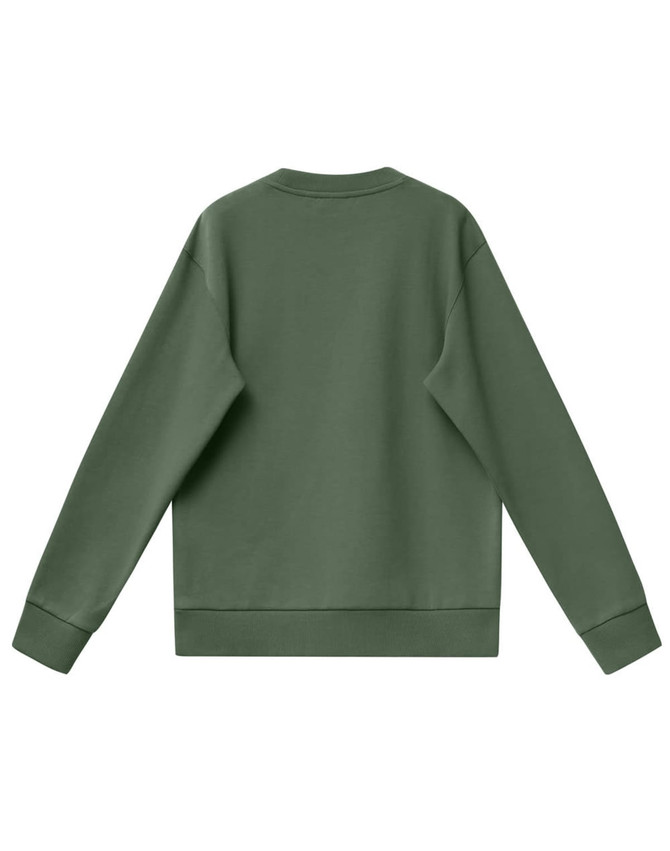A green unisex crew neck sweater with a simple design and ribbed cuffs. Features a branding logo.