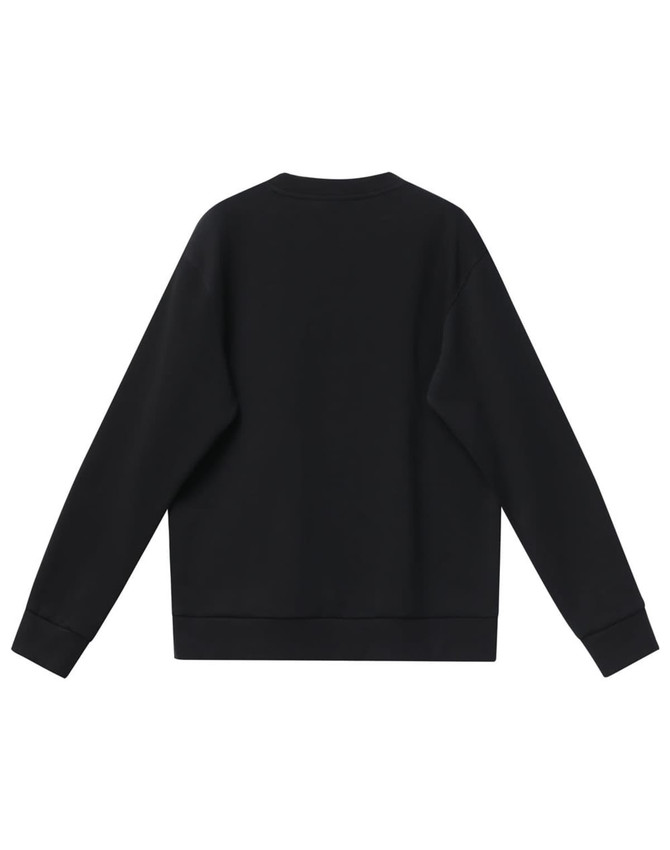 A black unisex crew neck sweater with long sleeves and a plain back. It features a logo.