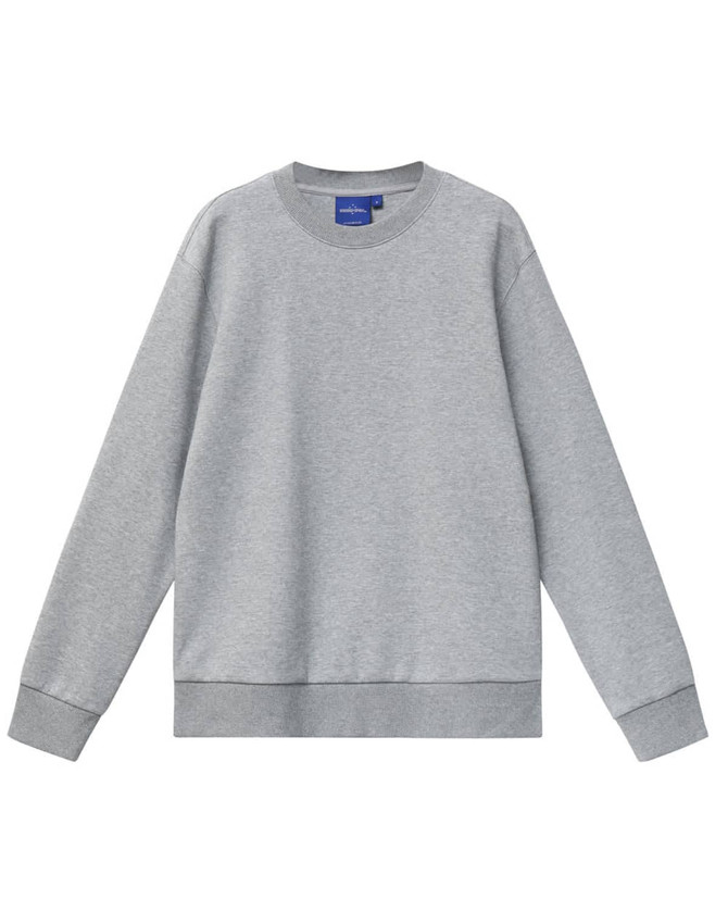 A grey unisex crew neck sweater with long sleeves and a ribbed hem, featuring a brand logo.