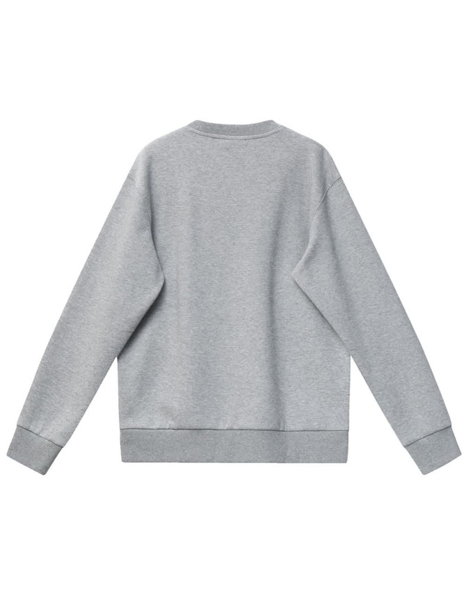 A grey Unisex Airlayered CVC Crew Neck Sweater with a simple back design and fitted cuffs. It features a logo.