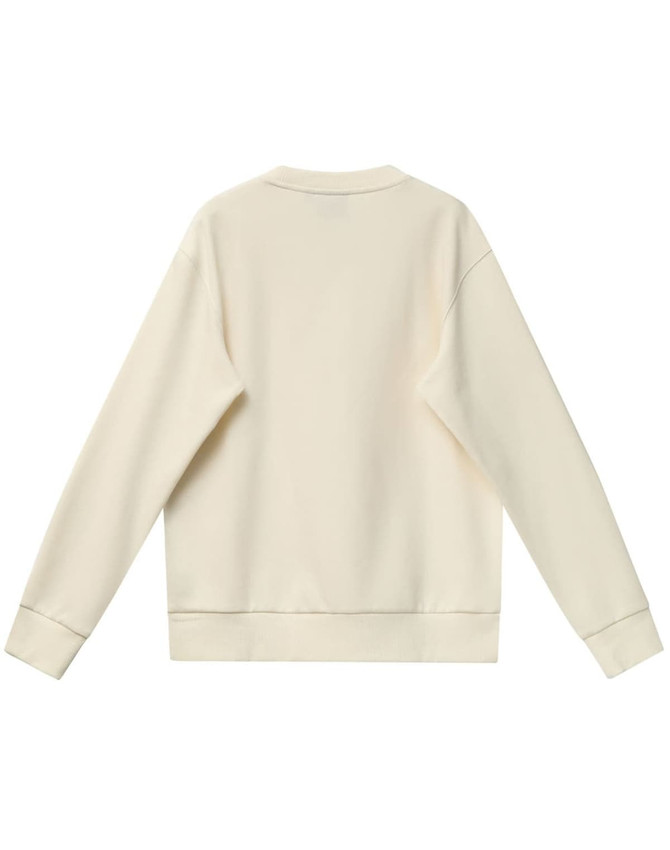 A creamy white unisex crew neck sweater with a relaxed fit and ribbed cuffs. Features a branding logo.