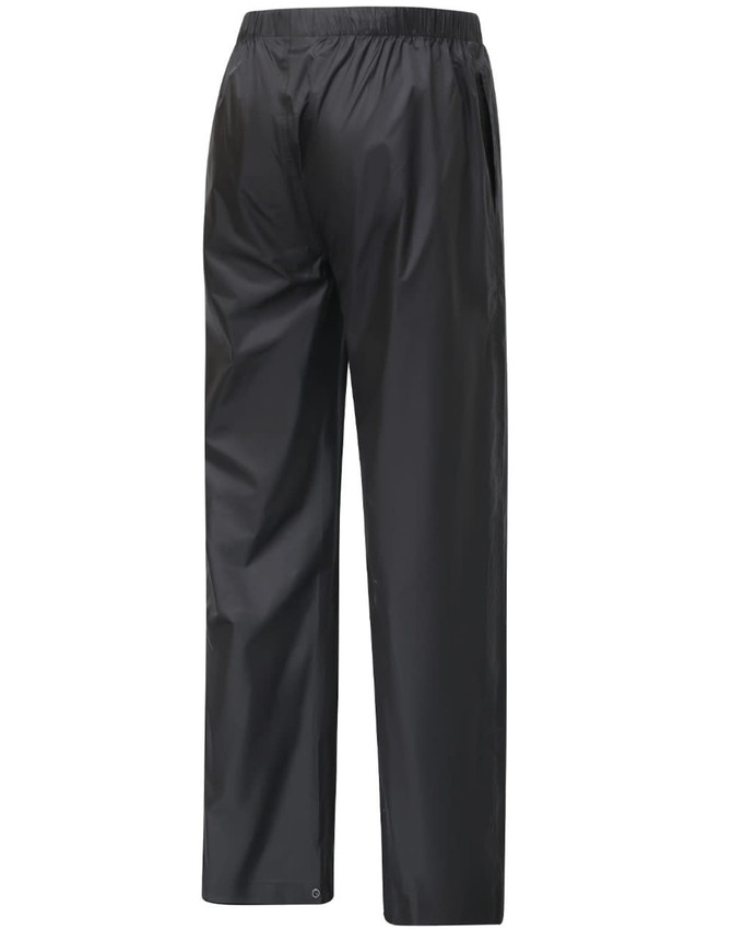 Lightweight nylon rain pants in black, featuring an elastic waistband and a simple design. Includes a visible logo.