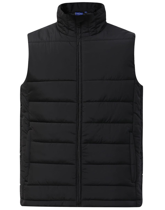 A black insulated puffer vest featuring a high collar and a zip front, designed with a 3D cut. It includes a logo.