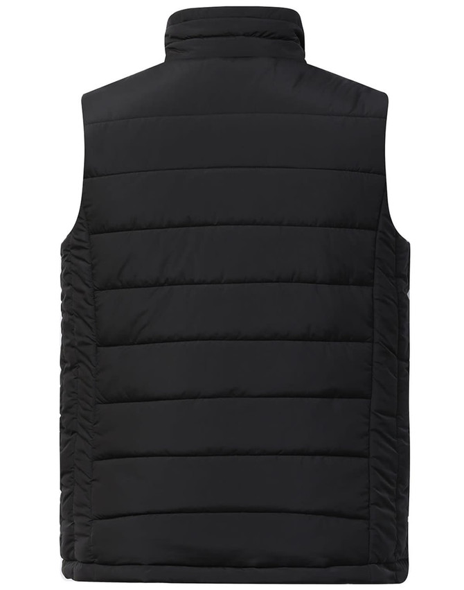 A black insulated puffer vest featuring a 3D cut and a sleek, minimalist design. It has a logo on the front.