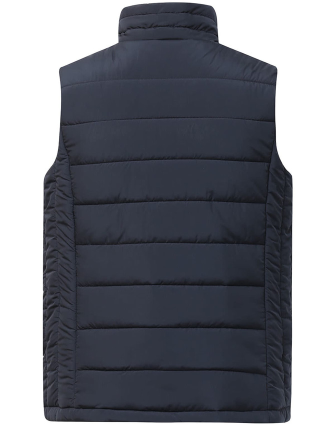 A navy blue men's sustainable insulated puffer vest with a 3D cut, featuring a simple design and a logo.