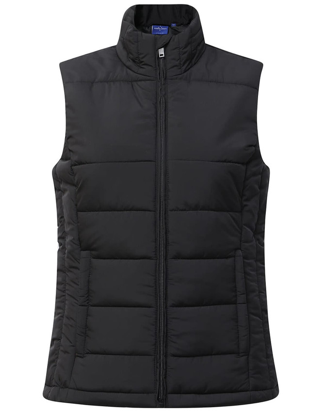 A black ladies' sustainable insulated puffer vest with a full zip and a collared neckline. It features a logo.