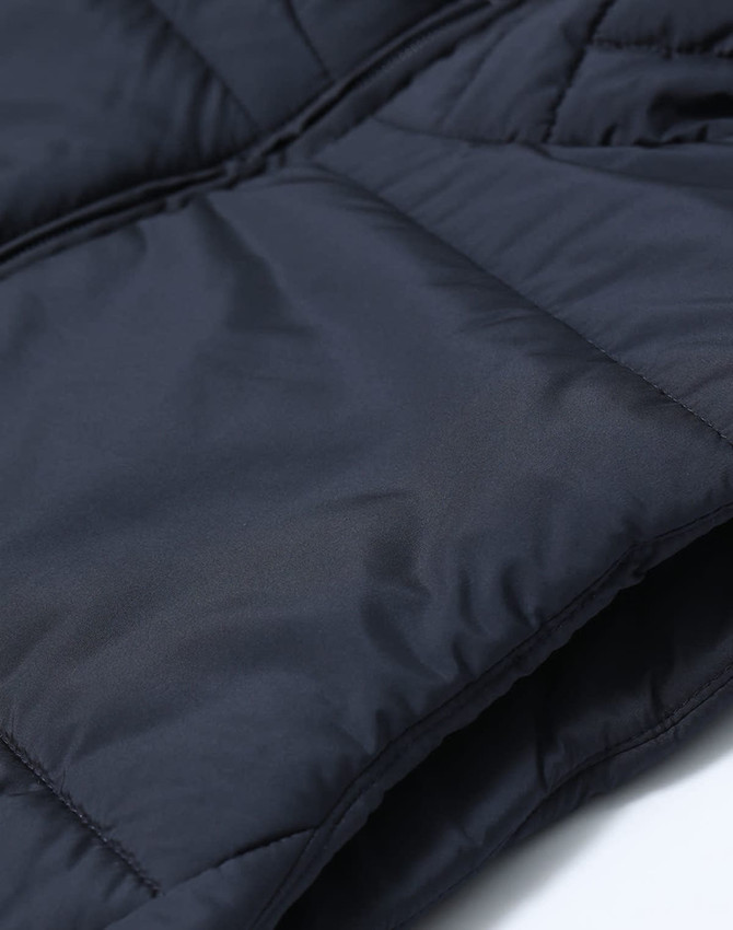 A navy blue sustainable insulated puffer vest with a 3D cut, featuring a quilted texture and a logo.