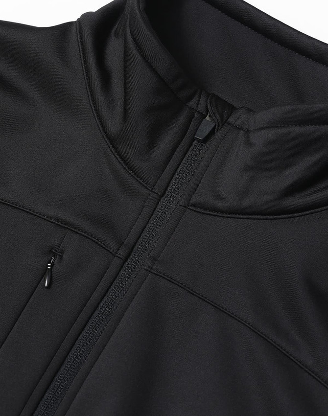 A black men's sustainable softshell corporate jacket with a zippered pocket and high collar. It features a smooth, sleek design.