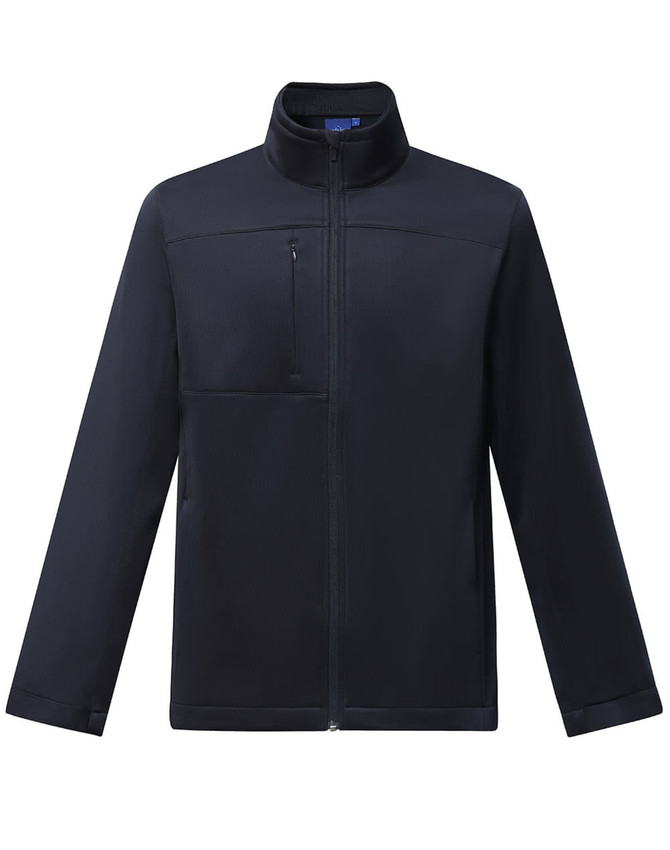 A men's sustainable softshell jacket in navy blue, featuring a zip-up front and a chest pocket. It has a logo.