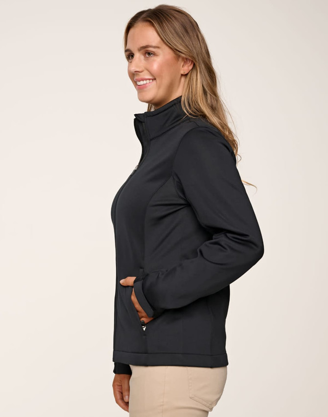A women's softshell jacket in dark navy, featuring a high collar and side pockets, with a logo on the chest.