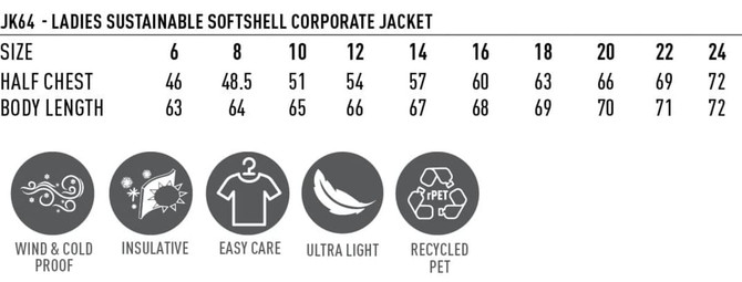 A size chart for a ladies' sustainable softshell corporate jacket, featuring various sizes and fabric care attributes.