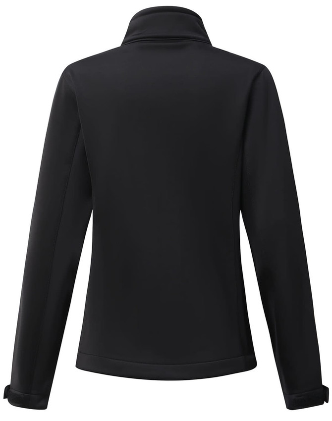 A black sustainable softshell corporate jacket with a high collar and long sleeves, featuring a logo on the back.
