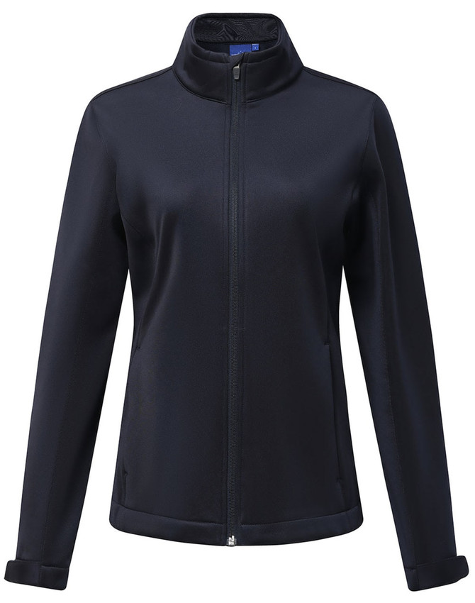 A dark navy softshell corporate jacket for ladies, featuring a zip front and a collar, with side pockets.