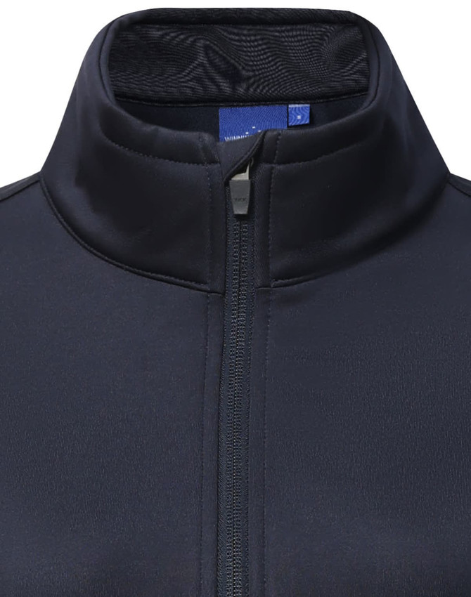 A navy sustainable softshell corporate jacket featuring a zip collar and inner mesh lining, with a brand logo.