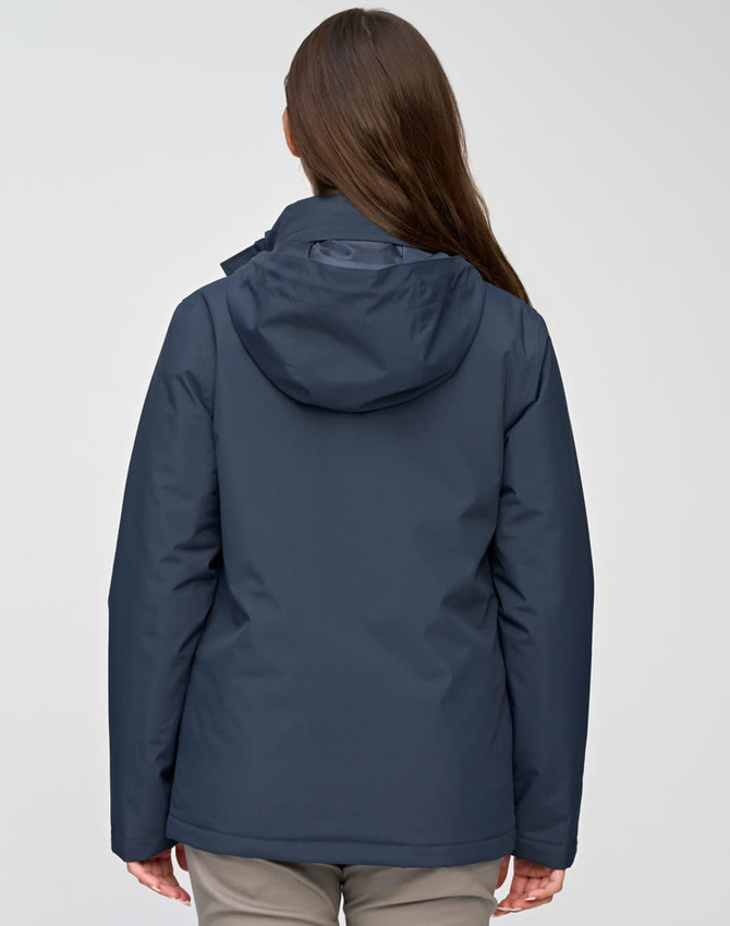 A unisex quilted waterproof jacket in navy, featuring a hood and a logo, viewed from the back.