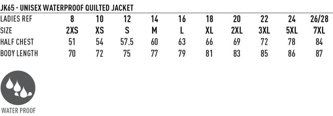 A size chart for a unisex quilted waterproof jacket, featuring various sizes and measurements.