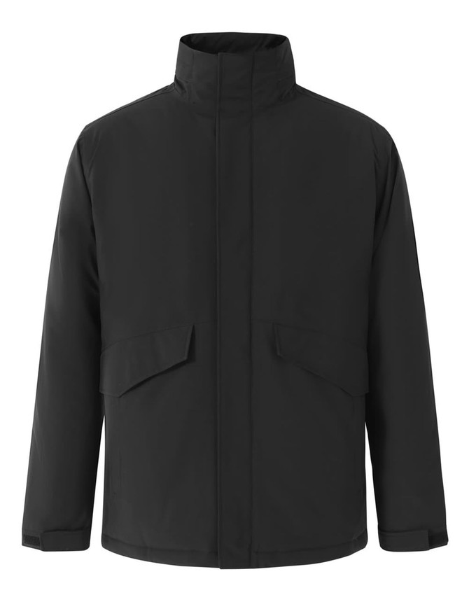 A unisex quilted waterproof jacket in black, featuring a high collar and front pockets. It has a simple logo.