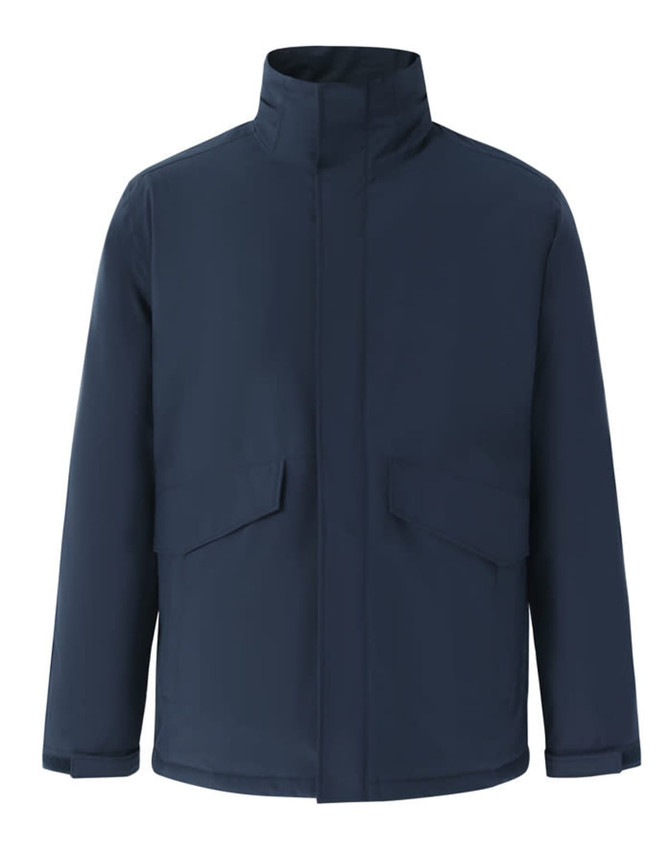 A navy unisex quilted waterproof jacket with a high collar and two front pockets. It features a logo.