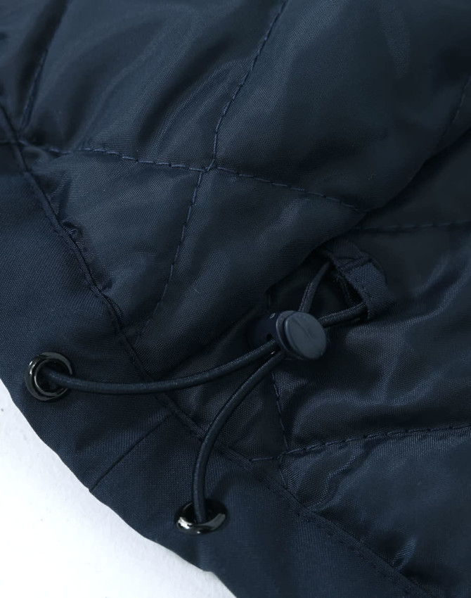 A dark navy unisex quilted waterproof jacket with adjustable drawstring at the hem and a smooth finish.