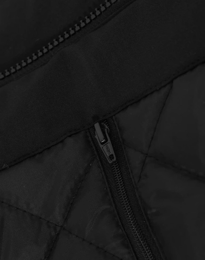 A close-up of a black unisex quilted waterproof jacket featuring a zip closure and textured fabric.